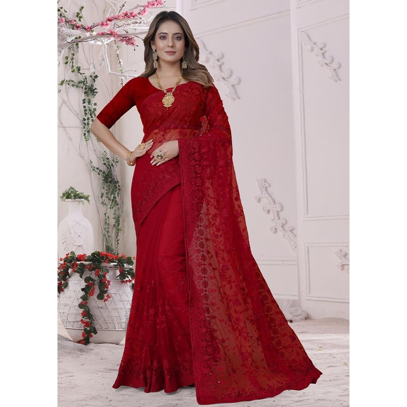 Red Organza Saree With Blouse Piece - JD986586244