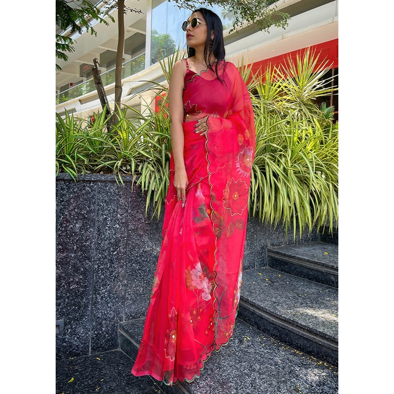 Red Organza Saree With Blouse Piece - JD986586246