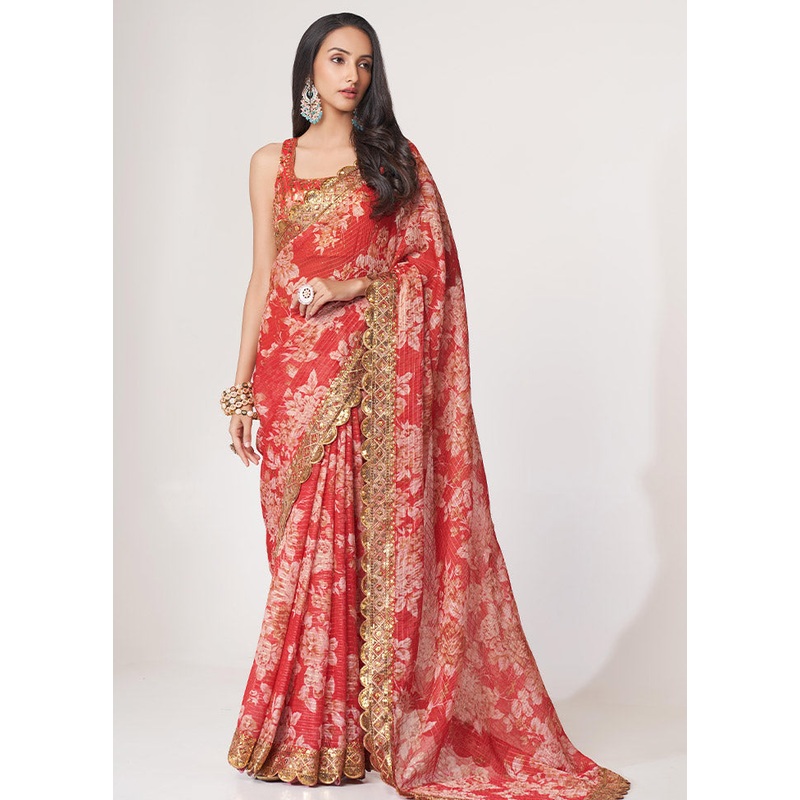 Red Organza Saree With Blouse Piece - JD986586247