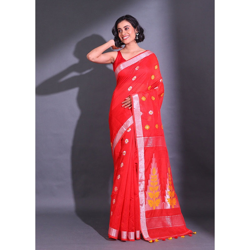 Red Pure Cotton Saree With Blouse Piece - JD986586236