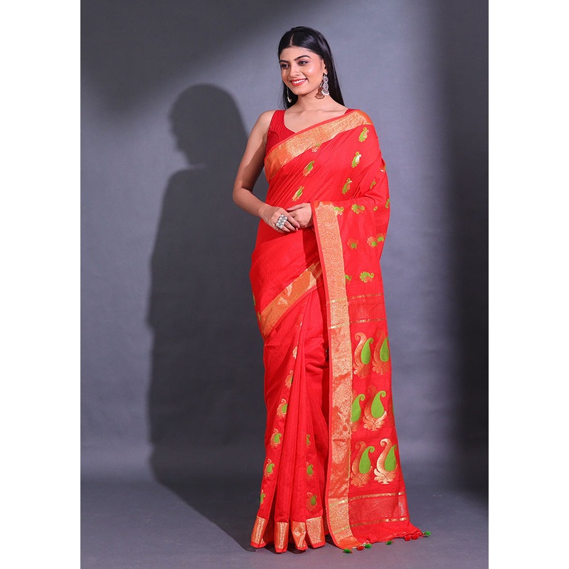 Red Pure Cotton Saree With Blouse Piece - JD986586237