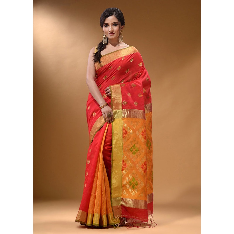 Red Pure Cotton Saree With Blouse Piece - JD986586238