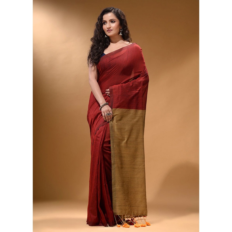 Red Pure Cotton Saree With Blouse Piece - JD986586239