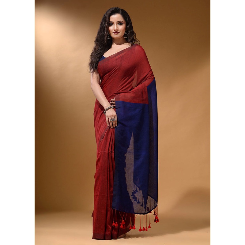 Red Pure Cotton Saree With Blouse Piece - JD986586240