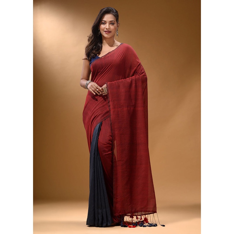 Red Pure Cotton Saree With Blouse Piece - JD986586241