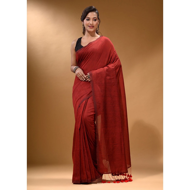 Red Pure Cotton Saree With Blouse Piece - JD986586242