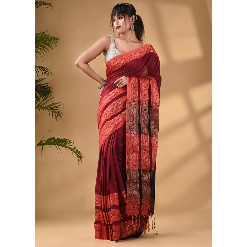 Red Pure Cotton Saree With Blouse Piece - JD986586243