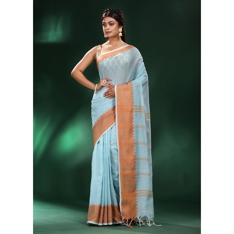 Blue Cotton Saree With Blouse Piece - JD986586155