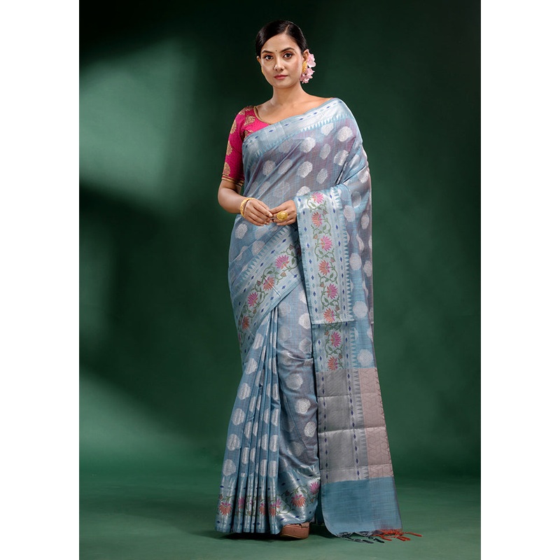 Blue Dupion Silk Saree With Blouse Piece - JD986586108