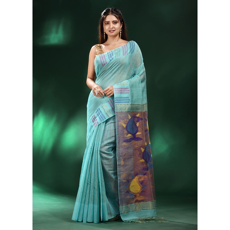 Blue Spun Silk Saree With Blouse Piece - JD986586119