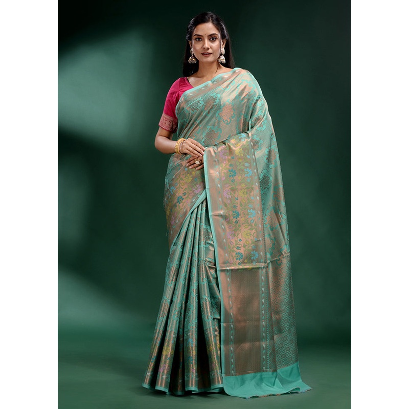Green Dupion Silk Saree With Blouse Piece - JD986586107