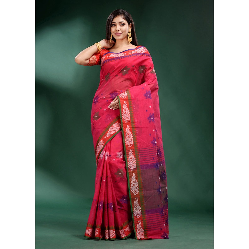 Red Pure Cotton Saree With Blouse Piece - JD986586210