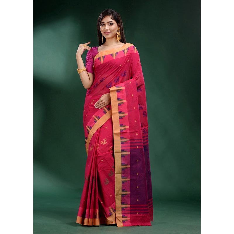 Red Pure Cotton Saree With Blouse Piece - JD986586212