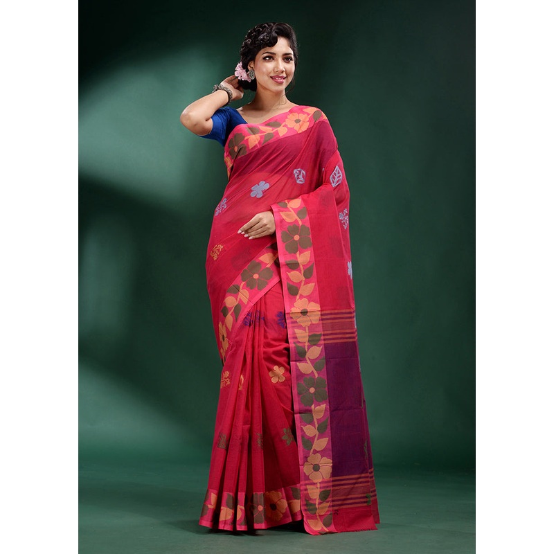 Red Pure Cotton Saree With Blouse Piece - JD986586213