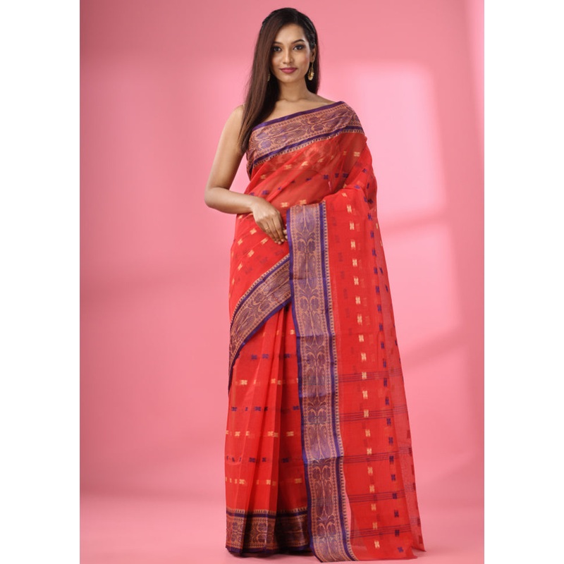 Red Pure Cotton Saree With Blouse Piece - JD986586214