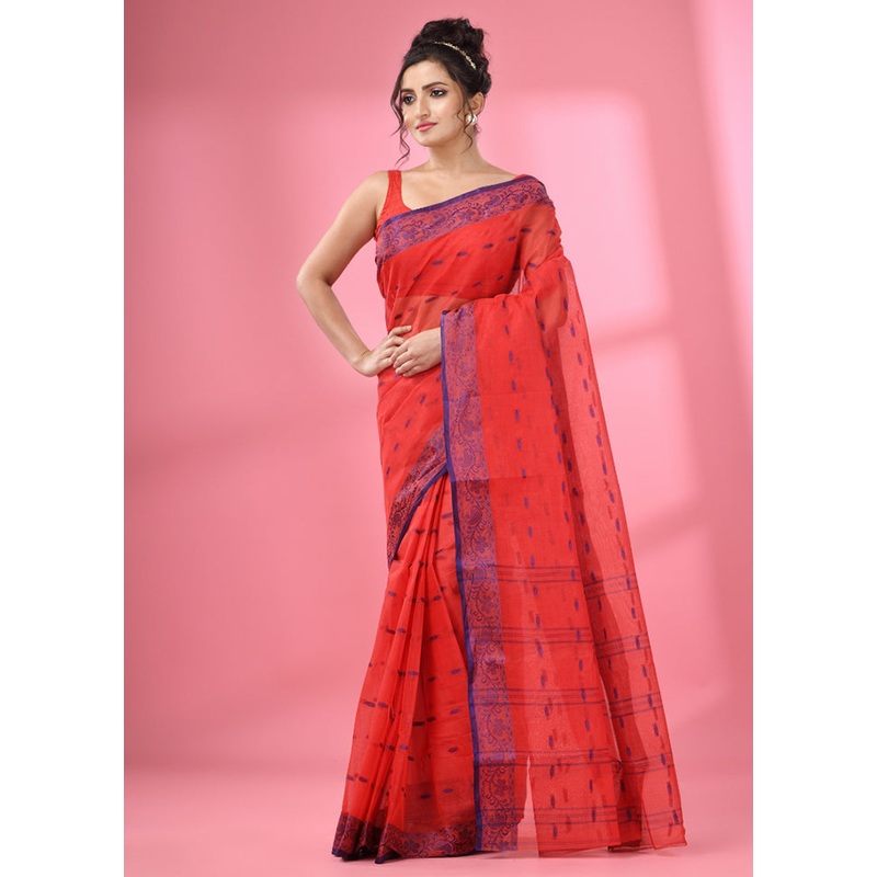 Red Pure Cotton Saree With Blouse Piece - JD986586215
