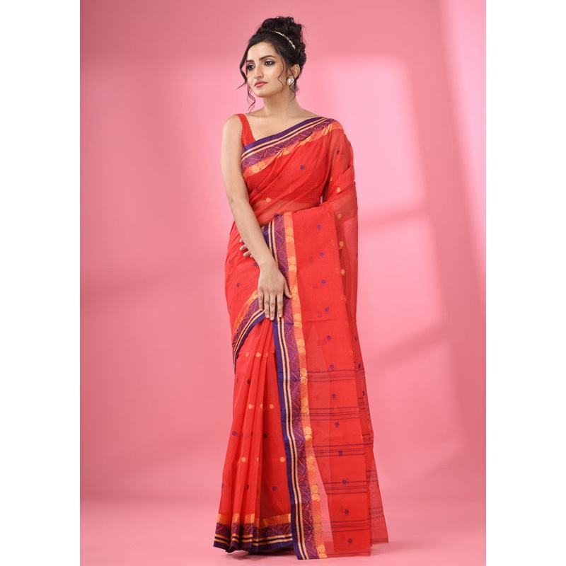 Red Pure Cotton Saree With Blouse Piece - JD986586216