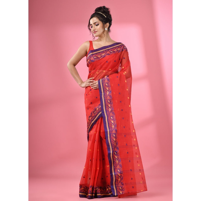 Red Pure Cotton Saree With Blouse Piece - JD986586217