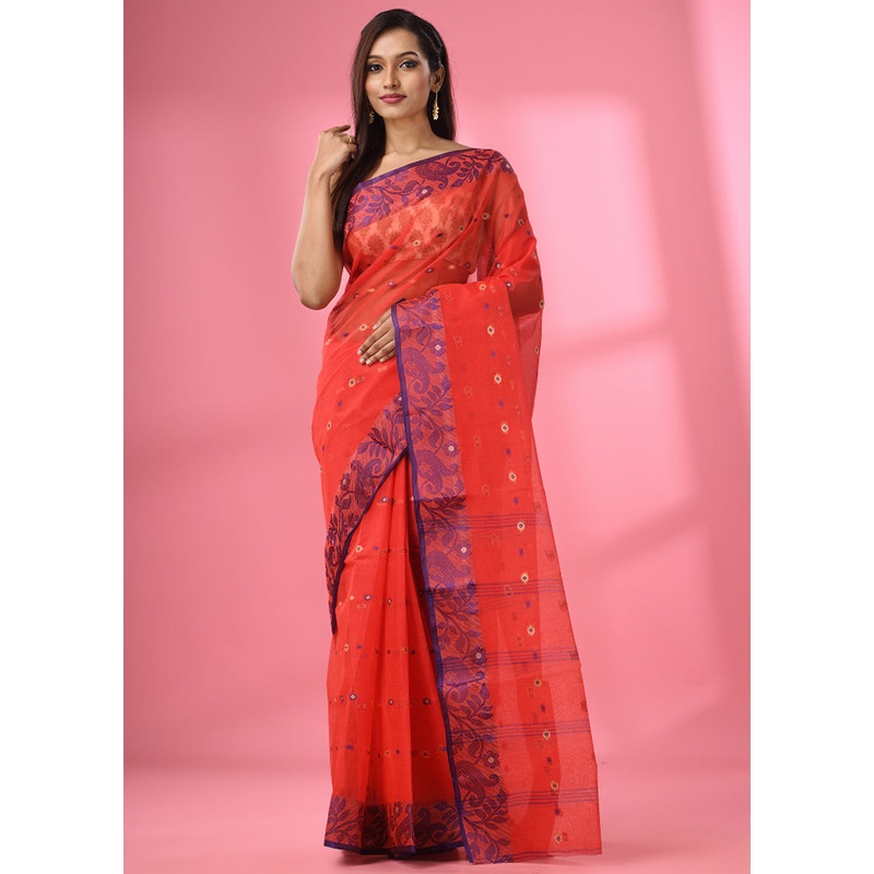 Red Pure Cotton Saree With Blouse Piece - JD986586218