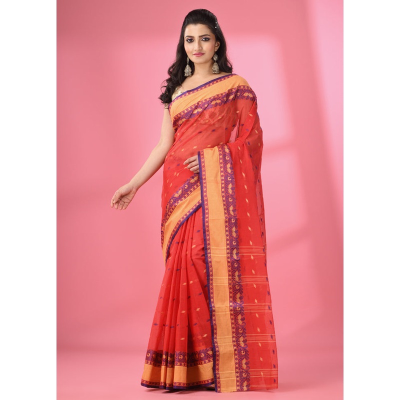 Red Pure Cotton Saree With Blouse Piece - JD986586219