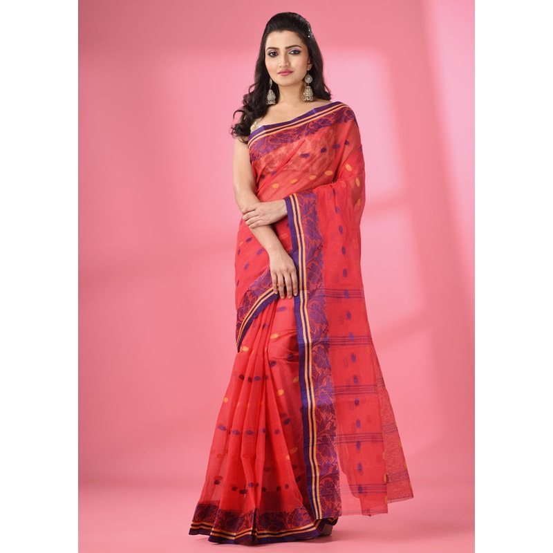 Red Pure Cotton Saree With Blouse Piece - JD986586220