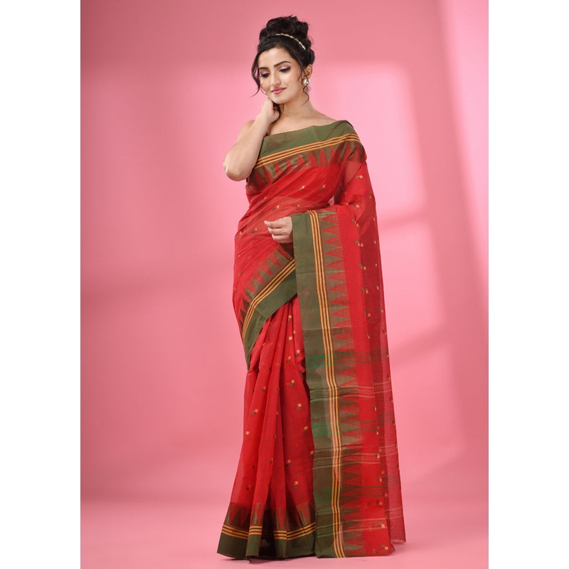 Red Pure Cotton Saree With Blouse Piece - JD986586221