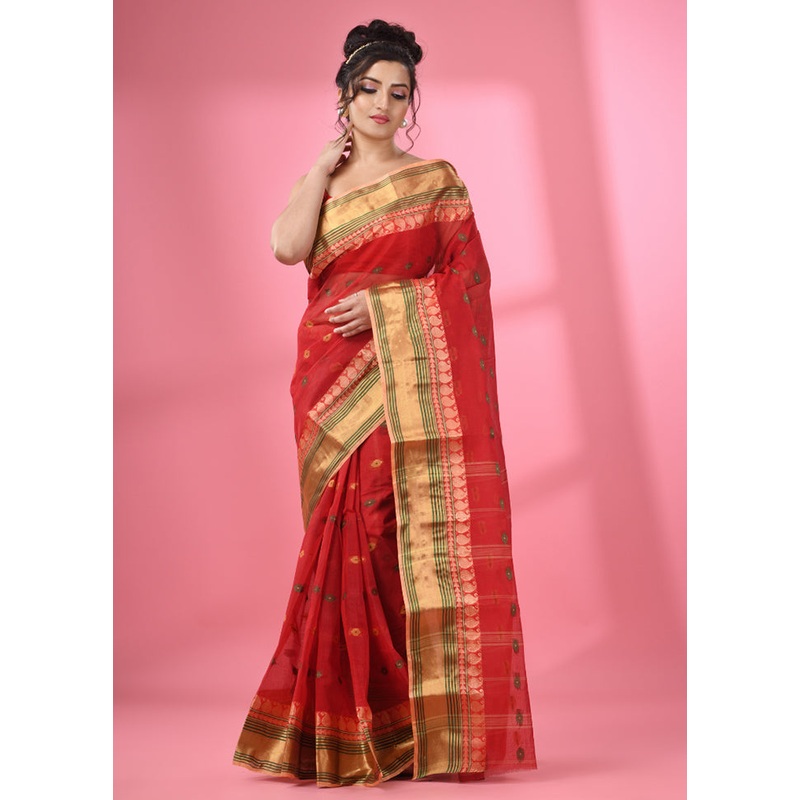 Red Pure Cotton Saree With Blouse Piece - JD986586222