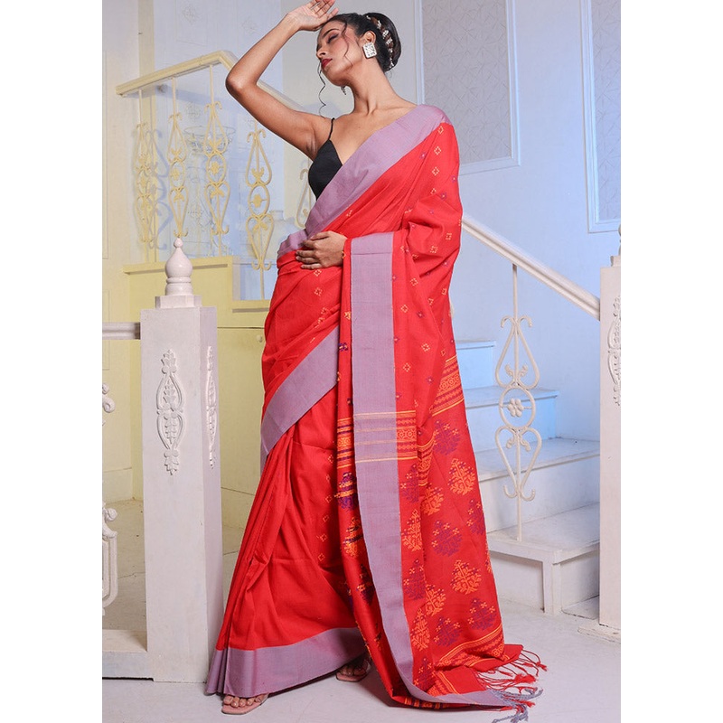 Red Pure Cotton Saree With Blouse Piece - JD986586223