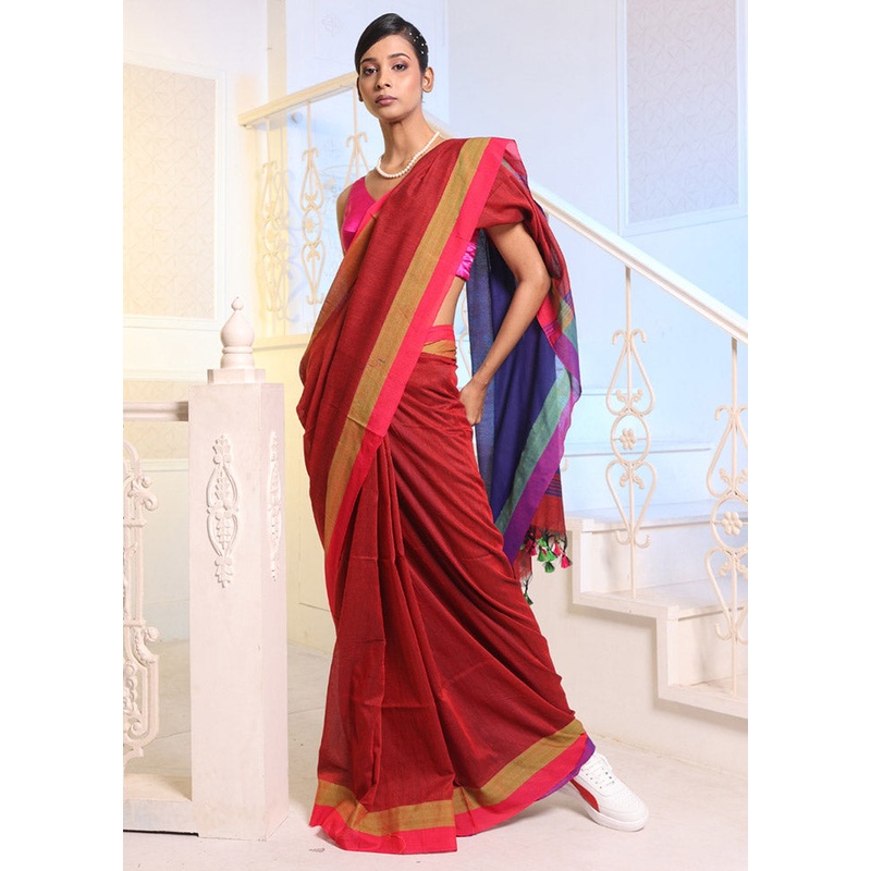 Red Pure Cotton Saree With Blouse Piece - JD986586224