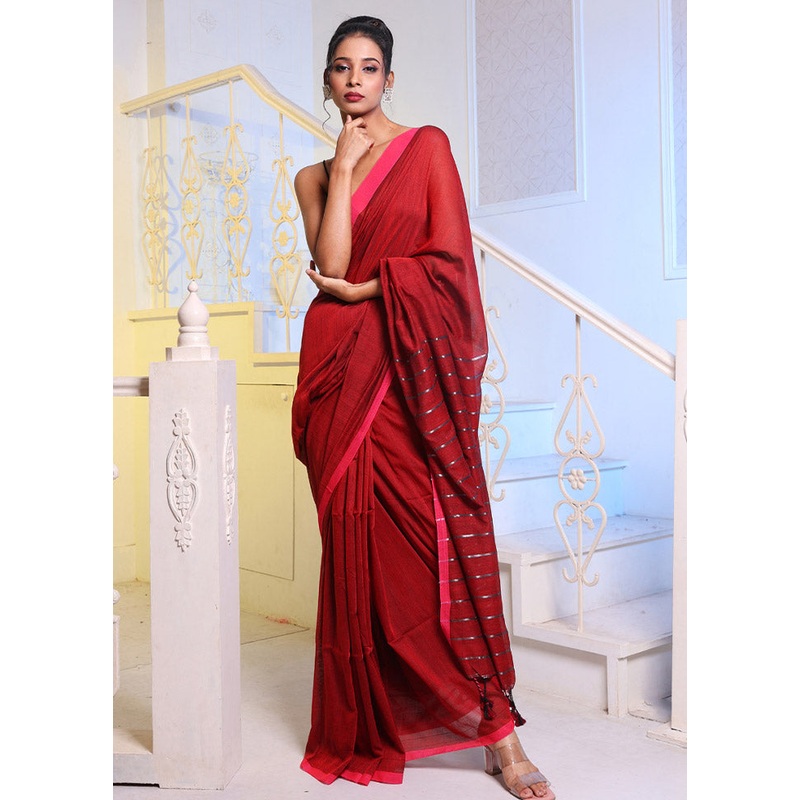 Red Pure Cotton Saree With Blouse Piece - JD986586225