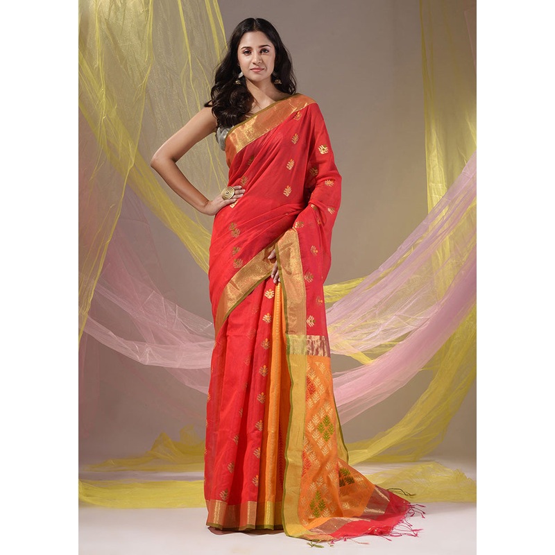 Red Pure Cotton Saree With Blouse Piece - JD986586228