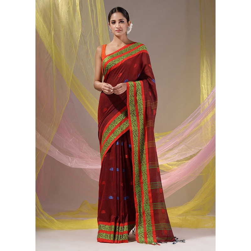 Red Pure Cotton Saree With Blouse Piece - JD986586230