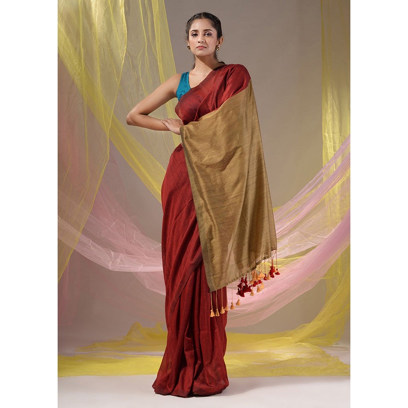 Red Pure Cotton Saree With Blouse Piece - JD986586231