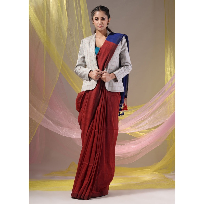 Red Pure Cotton Saree With Blouse Piece - JD986586232