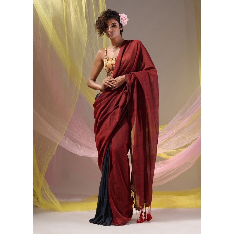 Red Pure Cotton Saree With Blouse Piece - JD986586233