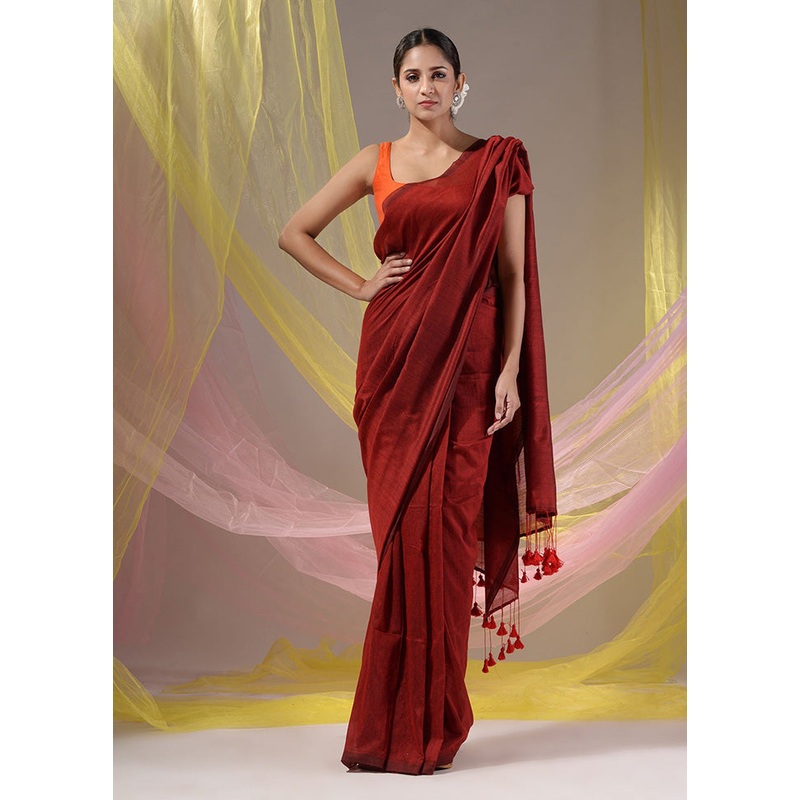 Red Pure Cotton Saree With Blouse Piece - JD986586234