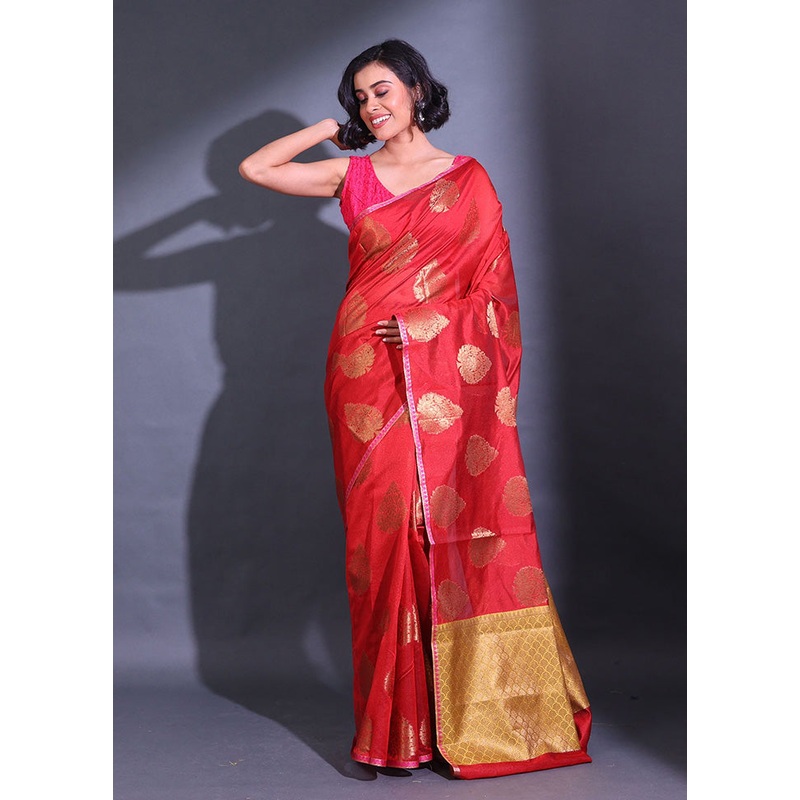Red Pure Cotton Saree With Blouse Piece - JD986586235