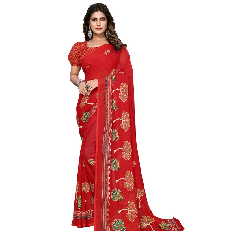 Red Silk Saree With Blouse Piece - JD986586204