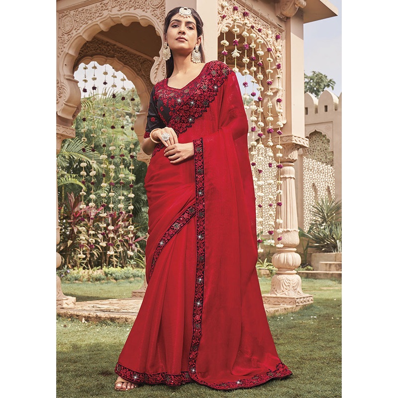 Red Silk Saree With Blouse Piece - JD986586205