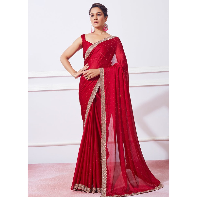 Red Silk Saree With Blouse Piece - JD986586207
