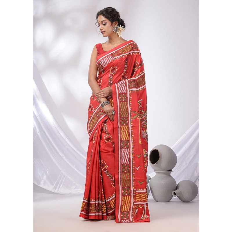 Red Spun Pure Silk Saree With Blouse Piece - JD986586203