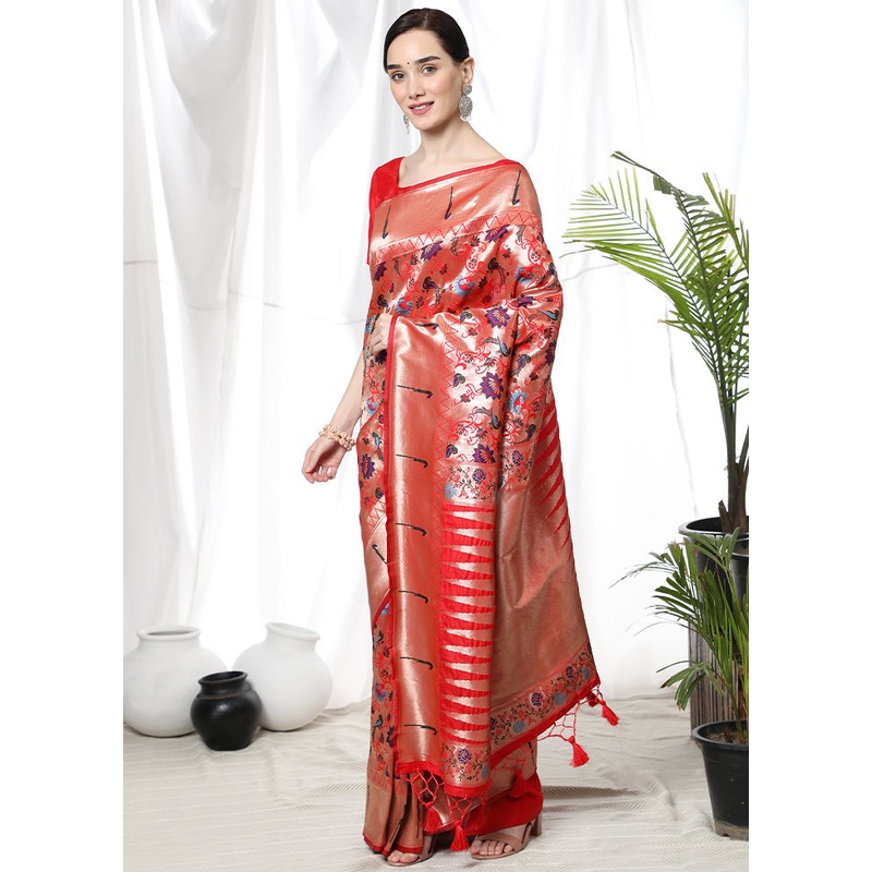 Red Spun Silk Saree With Blouse Piece - JD986586188