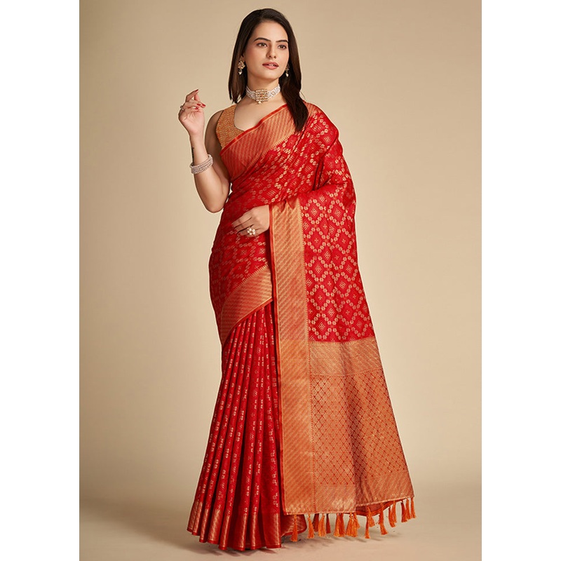 Red Spun Silk Saree With Blouse Piece - JD986586191