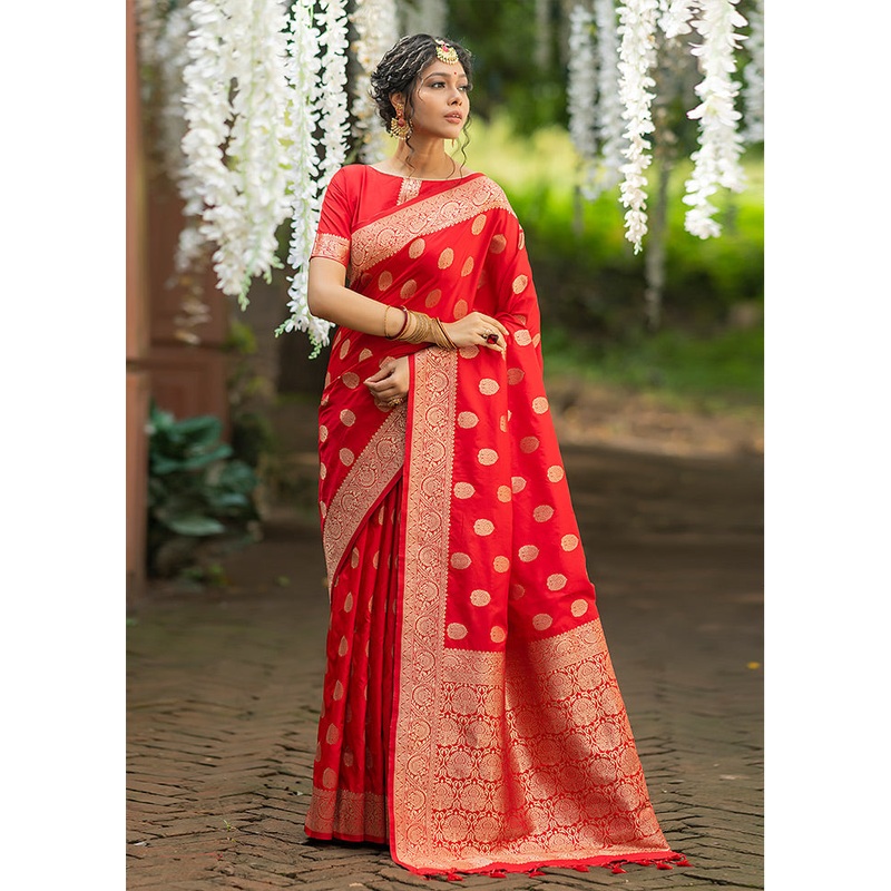 Red Spun Silk Saree With Blouse Piece - JD986586192