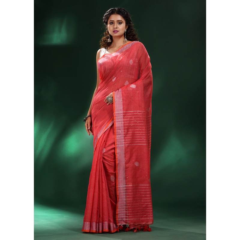 Red Spun Silk Saree With Blouse Piece - JD986586194