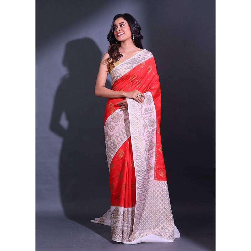 Red Spun Silk Saree With Blouse Piece - JD986586195