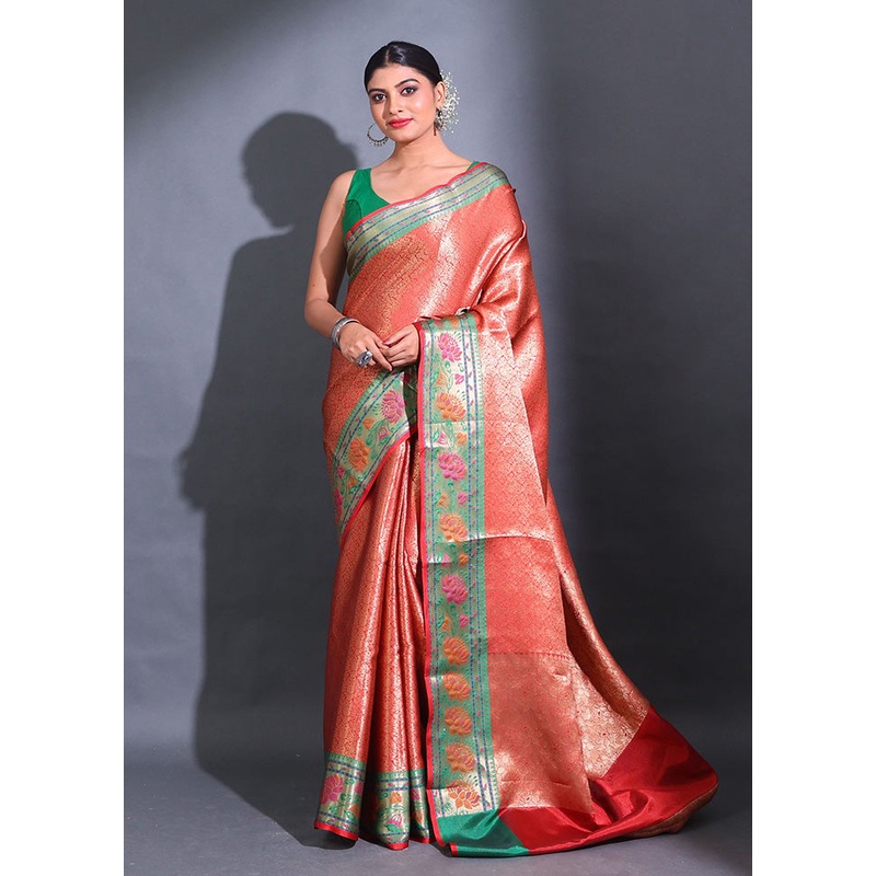 Red Spun Silk Saree With Blouse Piece - JD986586196