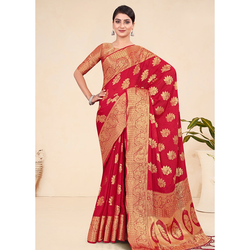 Red Spun Silk Saree With Blouse Piece - JD986586198