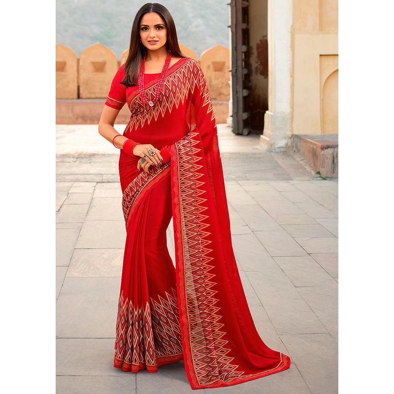 Red Spun Silk Saree With Blouse Piece - JD986586199
