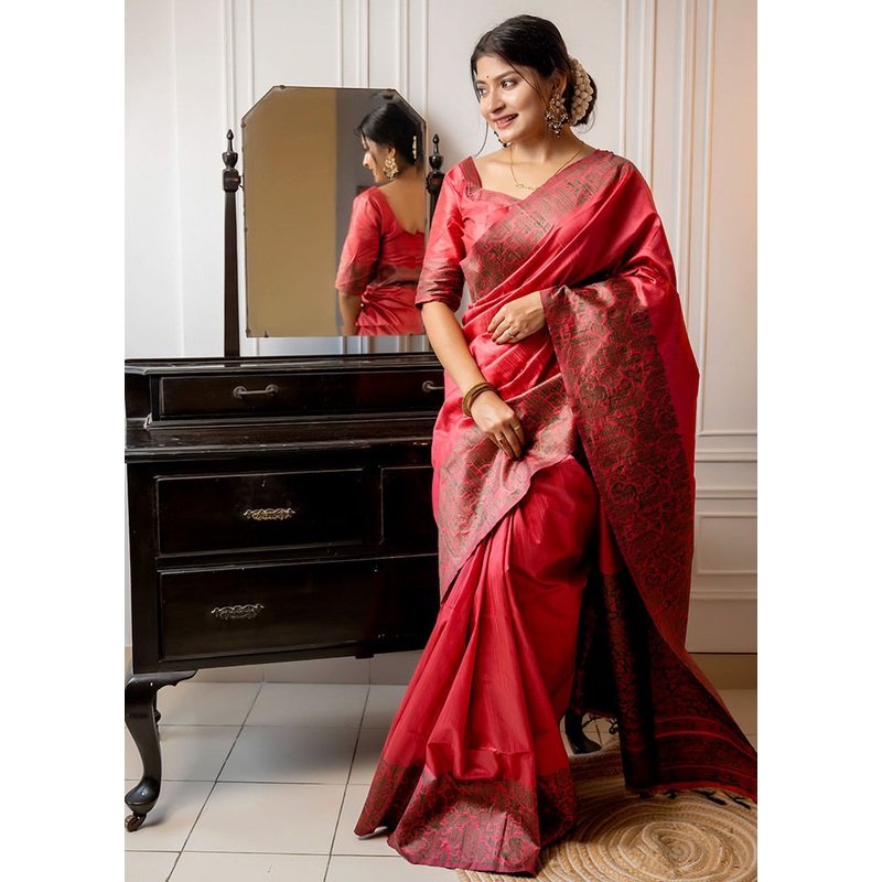 Red Spun Silk Saree With Blouse Piece - JD986586200